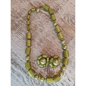 Vintage Lime Green Lucite Necklace Clip Earrings Set Rhinestone Spacer 16" #450